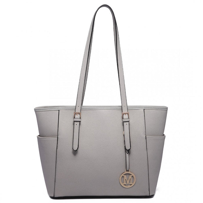 LM1642-1 - Miss Lulu Faux Leather Adjustable Handle Tote Bag - Light Grey