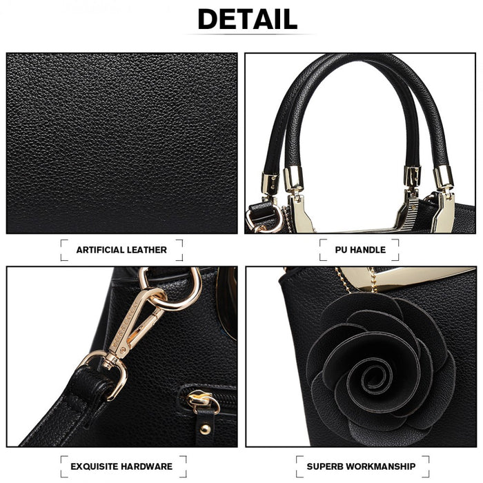 LG1847 - MISS LULU PU LEATHER ROSE HANGING ORNAMENT HANDBAG - BLACK