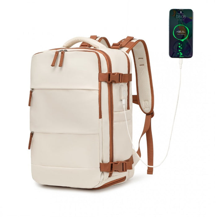 EQ2344 - Kono Multi-Functional Breathable Travel Backpack With USB Charging Port And Separate Shoe Compartment - Beige And Brown