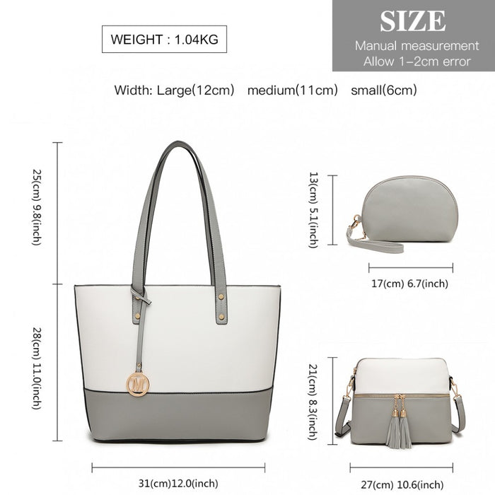 LG2023 - Miss Lulu Elegant 3-Piece Leather Look Tote Bag Set - Versatile & Chic for Every Occasion - Grey And White