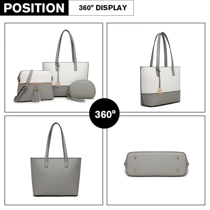 LG2023 - Miss Lulu Elegant 3-Piece Leather Look Tote Bag Set - Versatile & Chic for Every Occasion - Grey And White