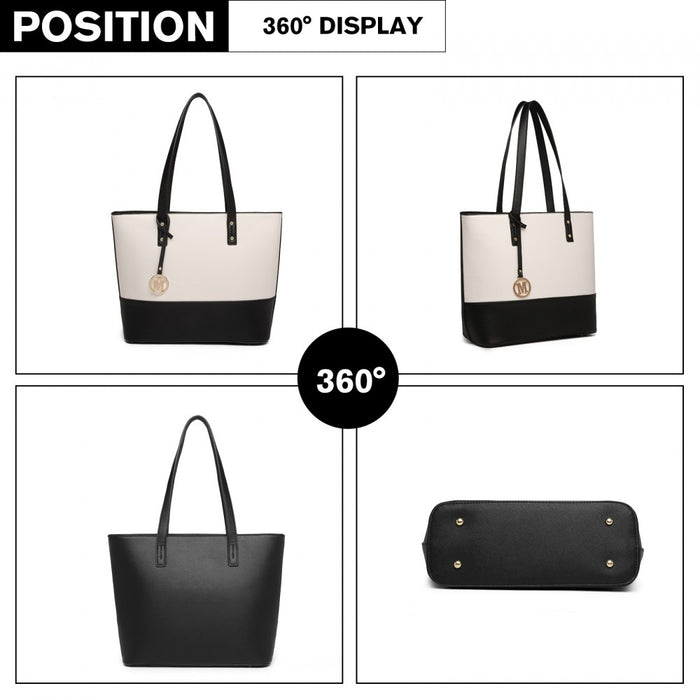 LG2023 - Miss Lulu Elegant 3-Piece Leather Look Tote Bag Set - Versatile & Chic for Every Occasion - Black And Beige
