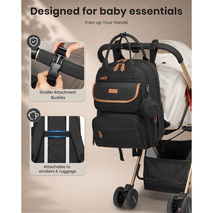 BCK2615 - Kono 3-in-1 Mummy Nappy Backpack Set with Changing Mat & Insulated Pacifier Pouch - Black