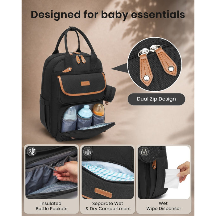 BCK2615 - Kono 3-in-1 Mummy Nappy Backpack Set with Changing Mat & Insulated Pacifier Pouch - Black
