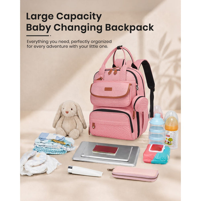 BCK2615 - Kono 3-in-1 Mummy Nappy Backpack Set with Changing Mat & Insulated Pacifier Pouch - Pink