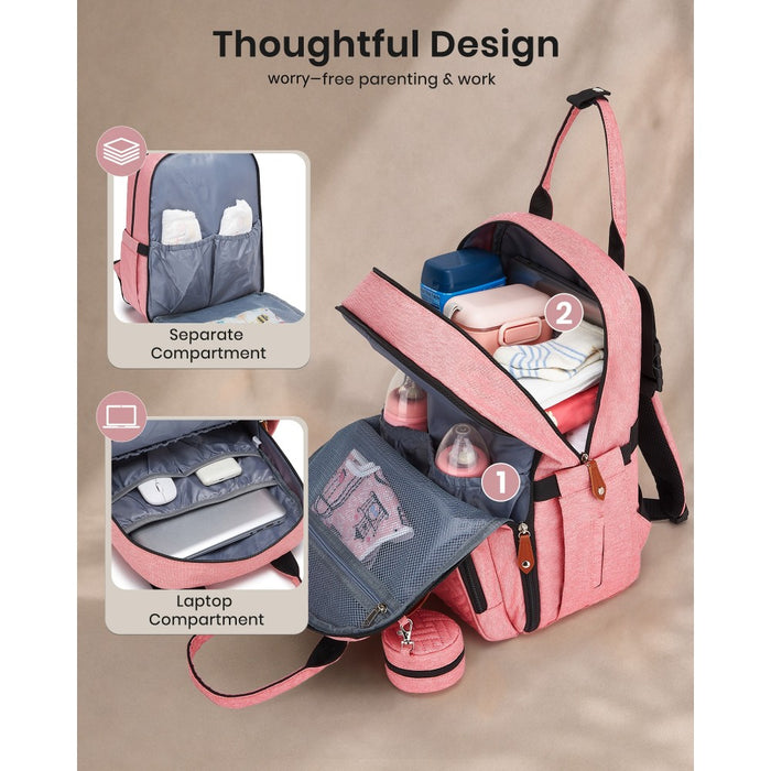 BCK2615 - Kono 3-in-1 Mummy Nappy Backpack Set with Changing Mat & Insulated Pacifier Pouch - Pink