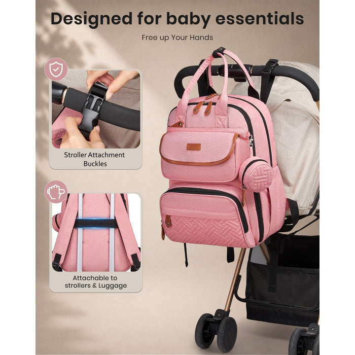 BCK2615 - Kono 3-in-1 Mummy Nappy Backpack Set with Changing Mat & Insulated Pacifier Pouch - Pink