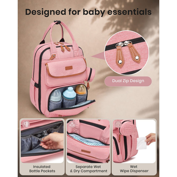 BCK2615 - Kono 3-in-1 Mummy Nappy Backpack Set with Changing Mat & Insulated Pacifier Pouch - Pink