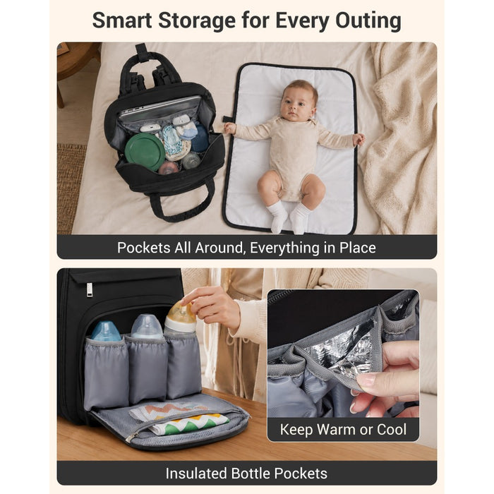 BCK2623 - Kono 2-in-1 Nappy Changing Backpack Set, Large Capacity Diaper Bag With Changing Mat - Black