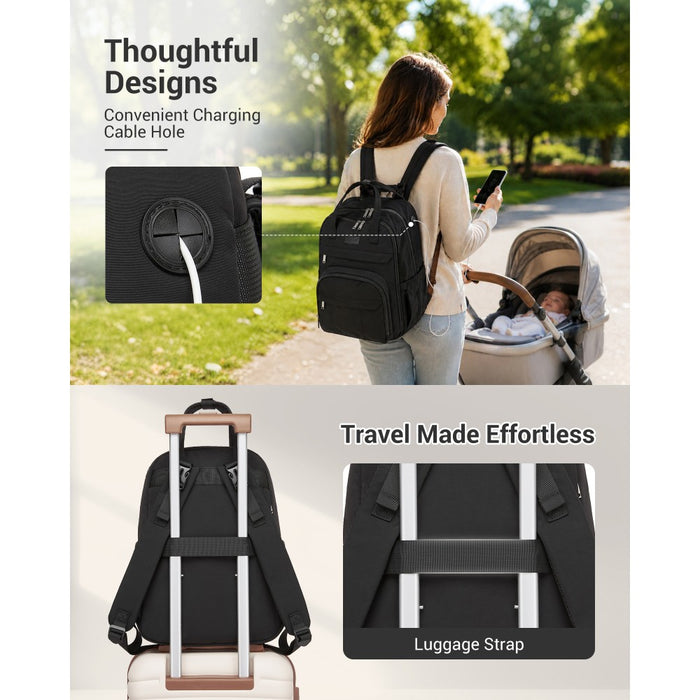 BCK2623 - Kono 2-in-1 Nappy Changing Backpack Set, Large Capacity Diaper Bag With Changing Mat - Black