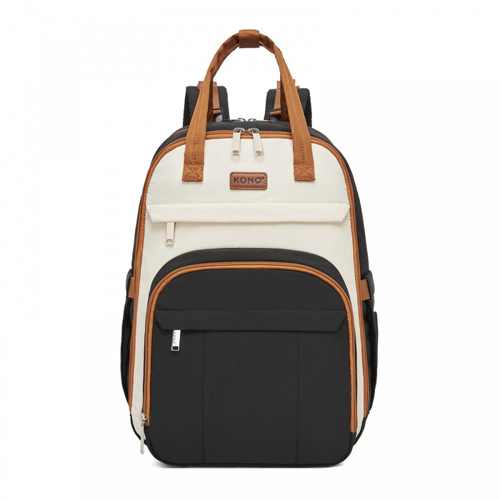 BCK2623 - Kono 2-in-1 Nappy Changing Backpack Set, Large Capacity Diaper Bag With Changing Mat - Black And Beige