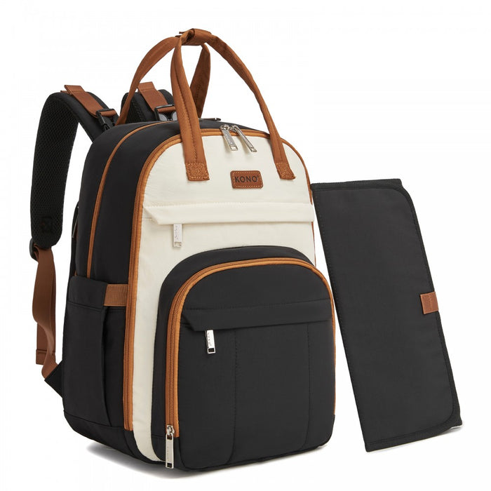 BCK2623 - Kono 2-in-1 Nappy Changing Backpack Set, Large Capacity Diaper Bag With Changing Mat - Black And Beige