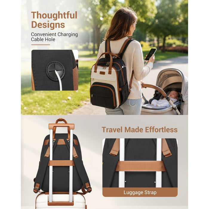 BCK2623 - Kono 2-in-1 Nappy Changing Backpack Set, Large Capacity Diaper Bag With Changing Mat - Black And Beige