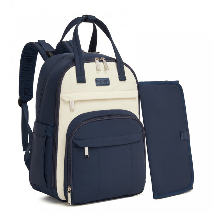 BCK2623 - Kono 2-in-1 Nappy Changing Backpack Set, Large Capacity Diaper Bag With Changing Mat - Navy And Beige