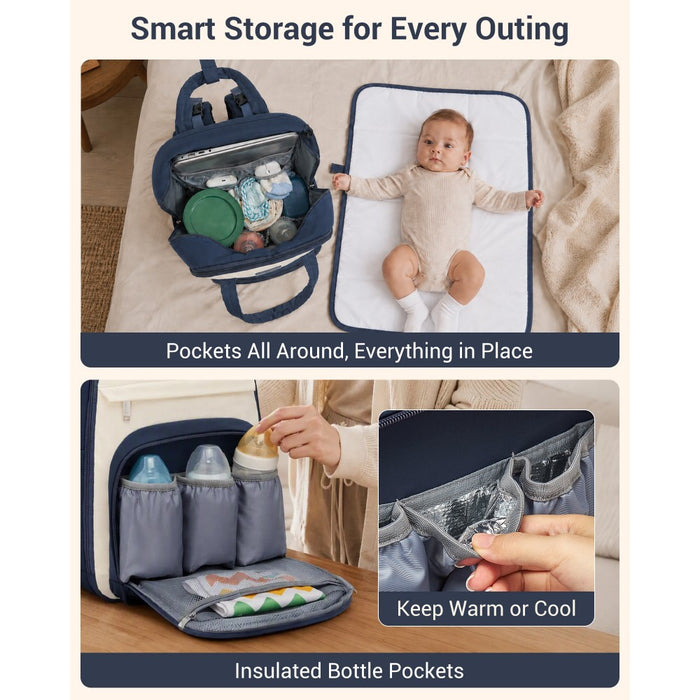 BCK2623 - Kono 2-in-1 Nappy Changing Backpack Set, Large Capacity Diaper Bag With Changing Mat - Navy And Beige