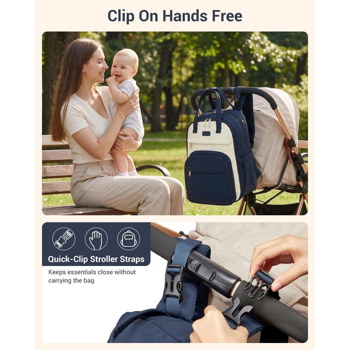 BCK2623 - Kono 2-in-1 Nappy Changing Backpack Set, Large Capacity Diaper Bag With Changing Mat - Navy And Beige