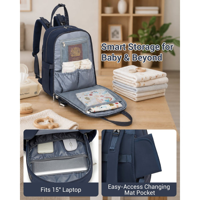BCK2623 - Kono 2-in-1 Nappy Changing Backpack Set, Large Capacity Diaper Bag With Changing Mat - Navy And Beige