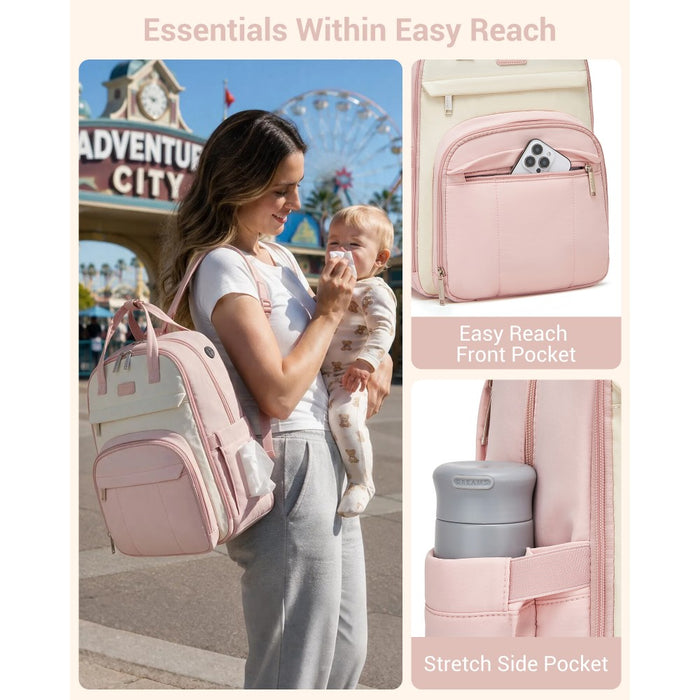 BCK2623 - Kono 2-in-1 Nappy Changing Backpack Set, Large Capacity Diaper Bag With Changing Mat - Pink And Beige