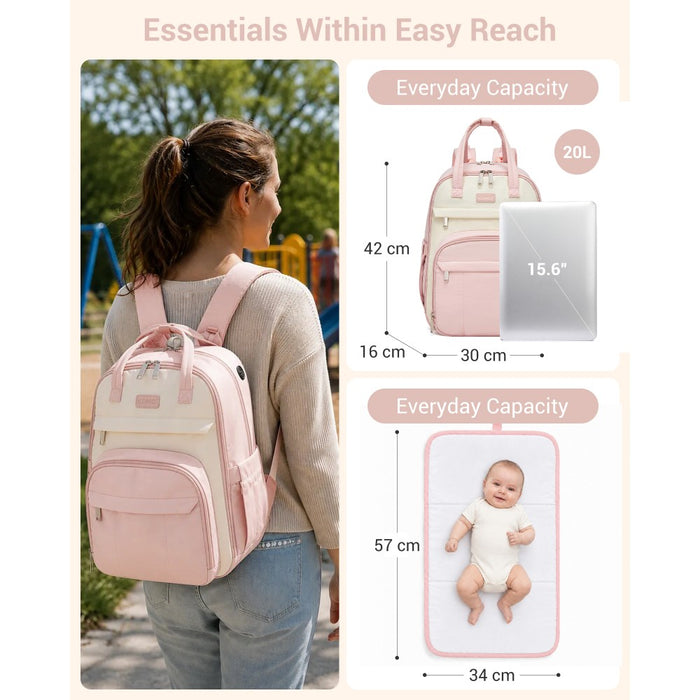 BCK2623 - Kono 2-in-1 Nappy Changing Backpack Set, Large Capacity Diaper Bag With Changing Mat - Pink And Beige