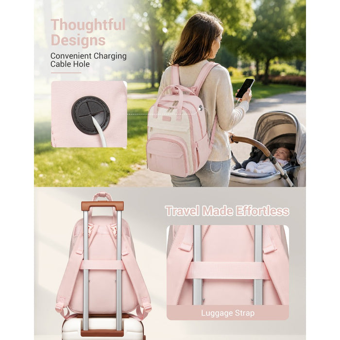BCK2623 - Kono 2-in-1 Nappy Changing Backpack Set, Large Capacity Diaper Bag With Changing Mat - Pink And Beige