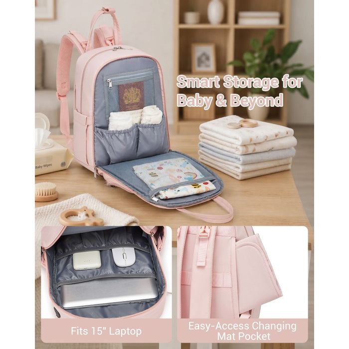 BCK2623 - Kono 2-in-1 Nappy Changing Backpack Set, Large Capacity Diaper Bag With Changing Mat - Pink And Beige