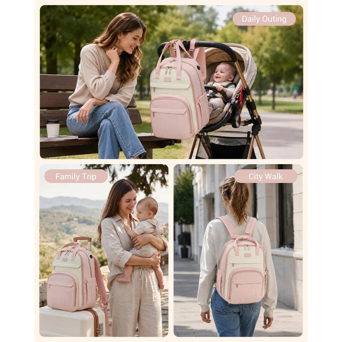 BCK2623 - Kono 2-in-1 Nappy Changing Backpack Set, Large Capacity Diaper Bag With Changing Mat - Pink And Beige
