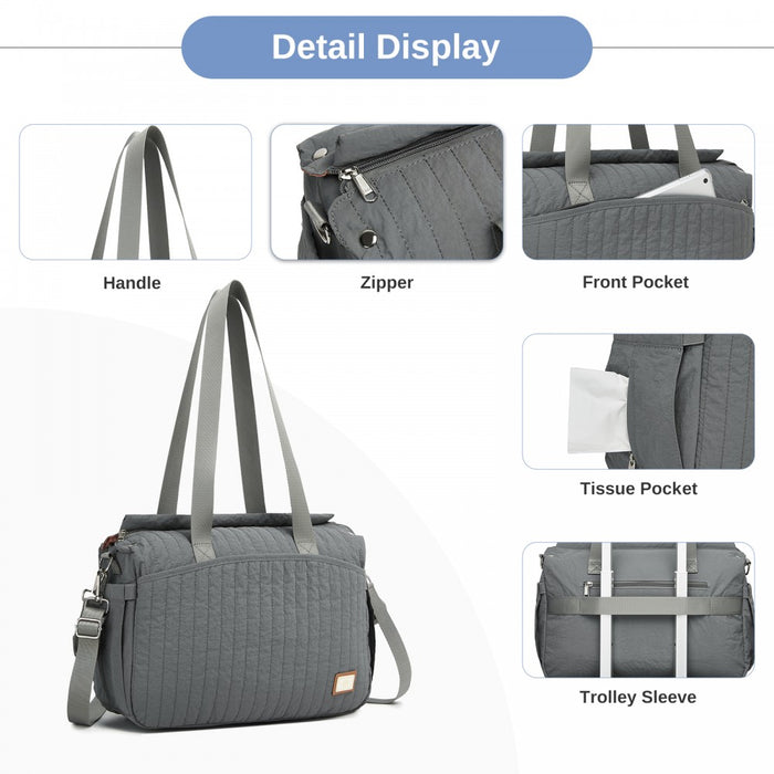 BCM2517 - Miss Lulu Stylish and Spacious Maternity Diaper Bag with Insulated Baby Bottle Pockets,Wet-Dry Separation,Stroller Strap - Grey