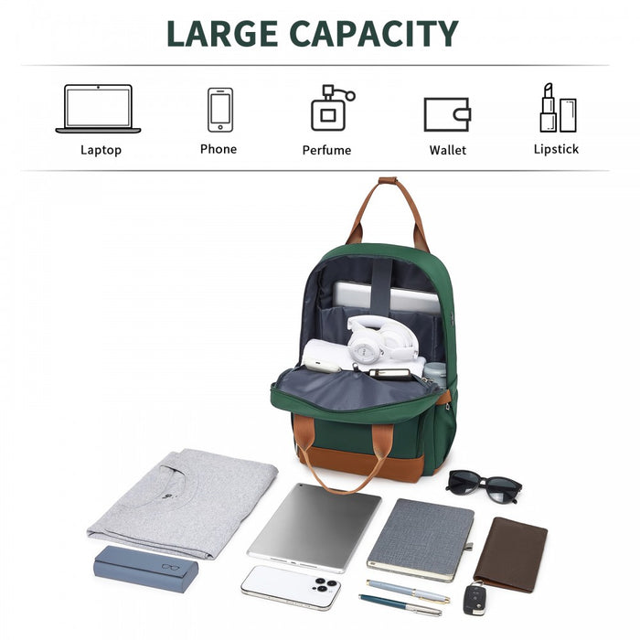 BPK2502 - Kono Casual Contemporary Backpack with Laptop Sleeve & Padded Straps for Daily Commute - Green and Brown