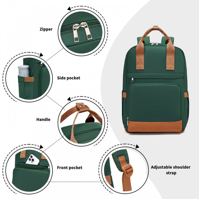 BPK2502 - Kono Casual Contemporary Backpack with Laptop Sleeve & Padded Straps for Daily Commute - Green and Brown