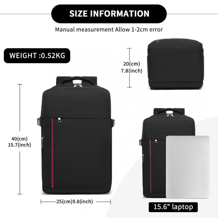 BPK2504 - Kono 20L Cabin Backpack with Red Trim for 15.6” Laptop – Water-Resistant Travel Daypack with Luggage Strap - Black