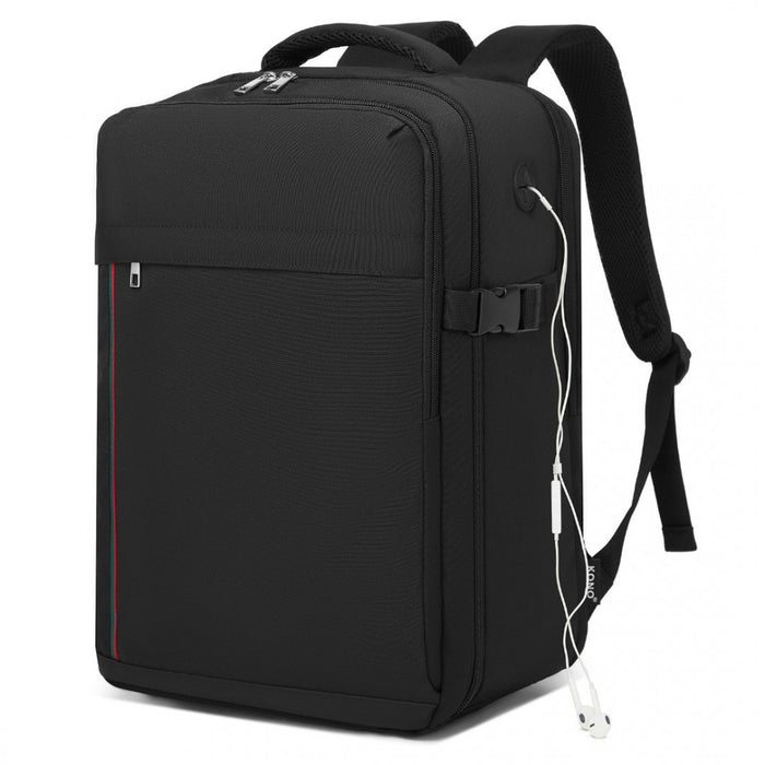 BPK2504 - Kono 20L Cabin Backpack with Red Trim for 15.6” Laptop – Water-Resistant Travel Daypack with Luggage Strap - Black