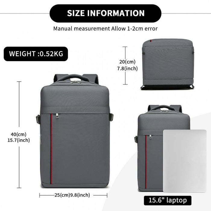 BPK2504 - Kono 20L Cabin Backpack with Red Trim for 15.6” Laptop – Water-Resistant Travel Daypack with Luggage Strap - Grey
