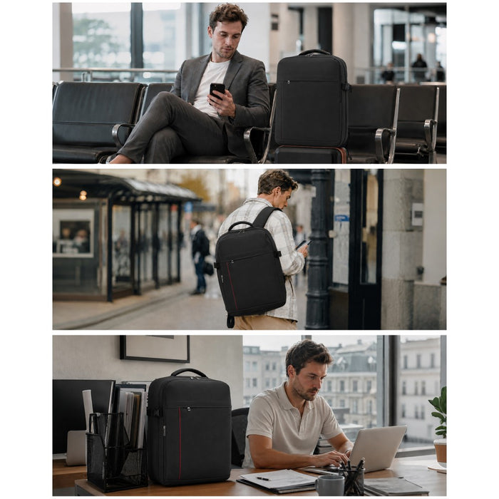 BPK2524L- Kono 32L Upgraded Large Cabin Backpack, 17.3 Inch Laptop Rucksack with Breathable Pressure-Relief Straps & Luggage Trolley Strap for Business Travel - Black