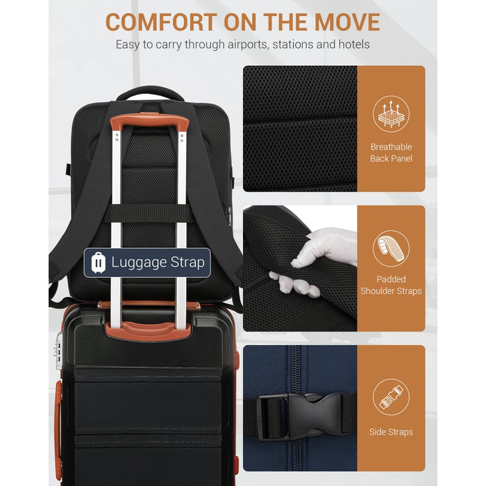 BPK2524L- Kono 32L Upgraded Large Cabin Backpack, 17.3 Inch Laptop Rucksack with Breathable Pressure-Relief Straps & Luggage Trolley Strap for Business Travel - Black