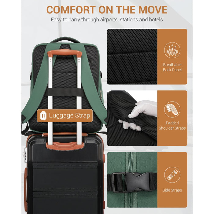 BPK2524L- Kono 32L Upgraded Large Cabin Backpack, 17.3 Inch Laptop Rucksack with Breathable Pressure-Relief Straps & Luggage Trolley Strap for Business Travel - Green