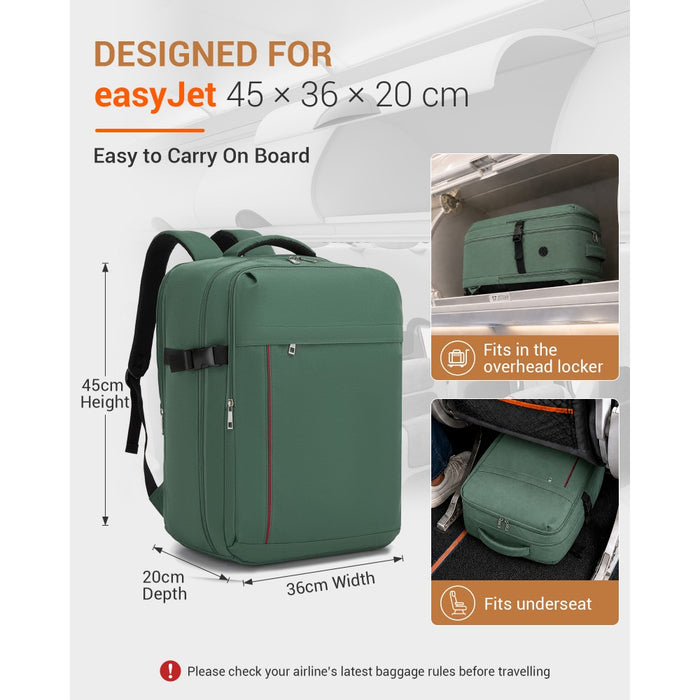 BPK2524L- Kono 32L Upgraded Large Cabin Backpack, 17.3 Inch Laptop Rucksack with Breathable Pressure-Relief Straps & Luggage Trolley Strap for Business Travel - Green