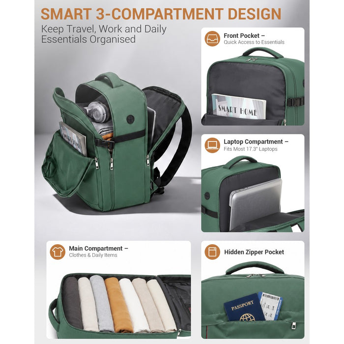 BPK2524L- Kono 32L Upgraded Large Cabin Backpack, 17.3 Inch Laptop Rucksack with Breathable Pressure-Relief Straps & Luggage Trolley Strap for Business Travel - Green