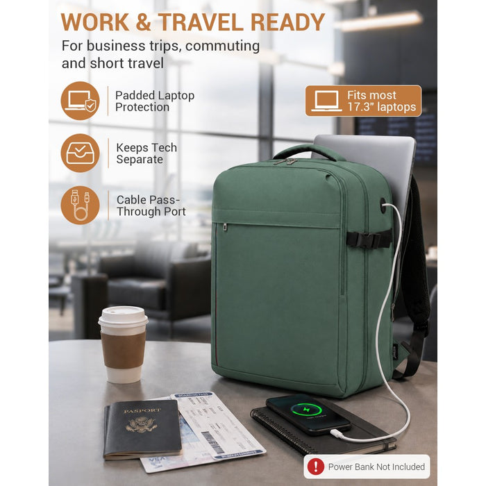 BPK2524L- Kono 32L Upgraded Large Cabin Backpack, 17.3 Inch Laptop Rucksack with Breathable Pressure-Relief Straps & Luggage Trolley Strap for Business Travel - Green