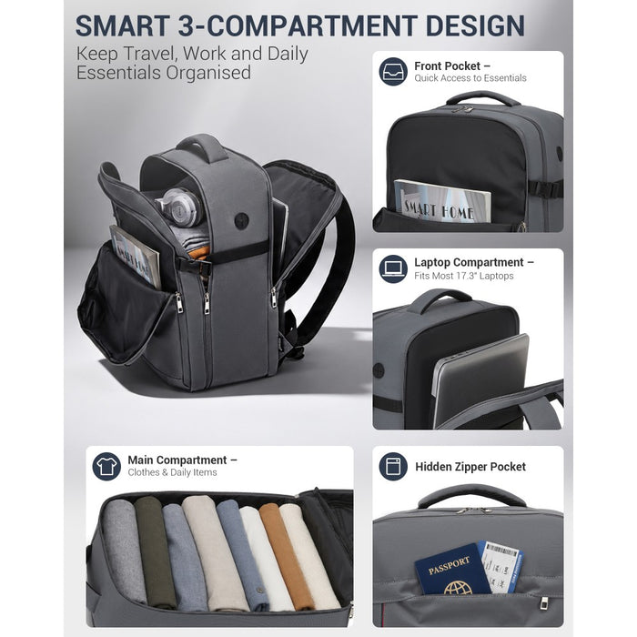BPK2524L- Kono 32L Upgraded Large Cabin Backpack, 17.3 Inch Laptop Rucksack with Breathable Pressure-Relief Straps & Luggage Trolley Strap for Business Travel - Grey