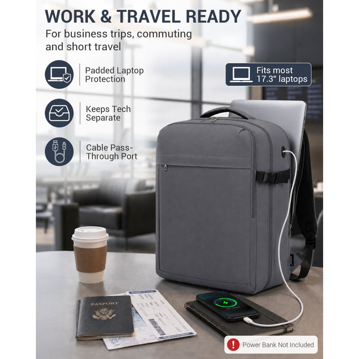 BPK2524L- Kono 32L Upgraded Large Cabin Backpack, 17.3 Inch Laptop Rucksack with Breathable Pressure-Relief Straps & Luggage Trolley Strap for Business Travel - Grey