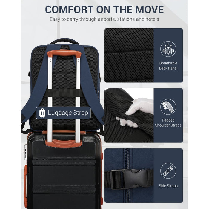 BPK2524L- Kono 32L Upgraded Large Cabin Backpack, 17.3 Inch Laptop Rucksack with Breathable Pressure-Relief Straps & Luggage Trolley Strap for Business Travel - Navy