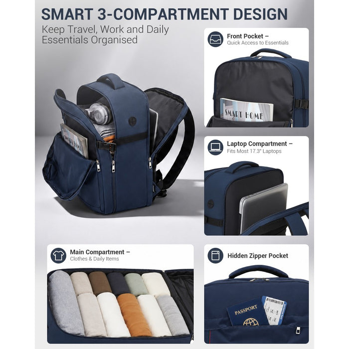BPK2524L- Kono 32L Upgraded Large Cabin Backpack, 17.3 Inch Laptop Rucksack with Breathable Pressure-Relief Straps & Luggage Trolley Strap for Business Travel - Navy