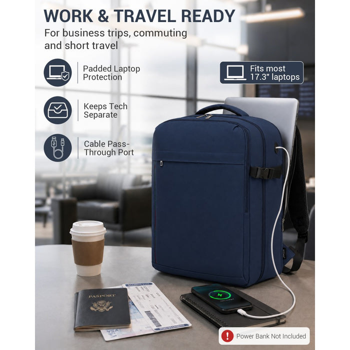 BPK2524L- Kono 32L Upgraded Large Cabin Backpack, 17.3 Inch Laptop Rucksack with Breathable Pressure-Relief Straps & Luggage Trolley Strap for Business Travel - Navy