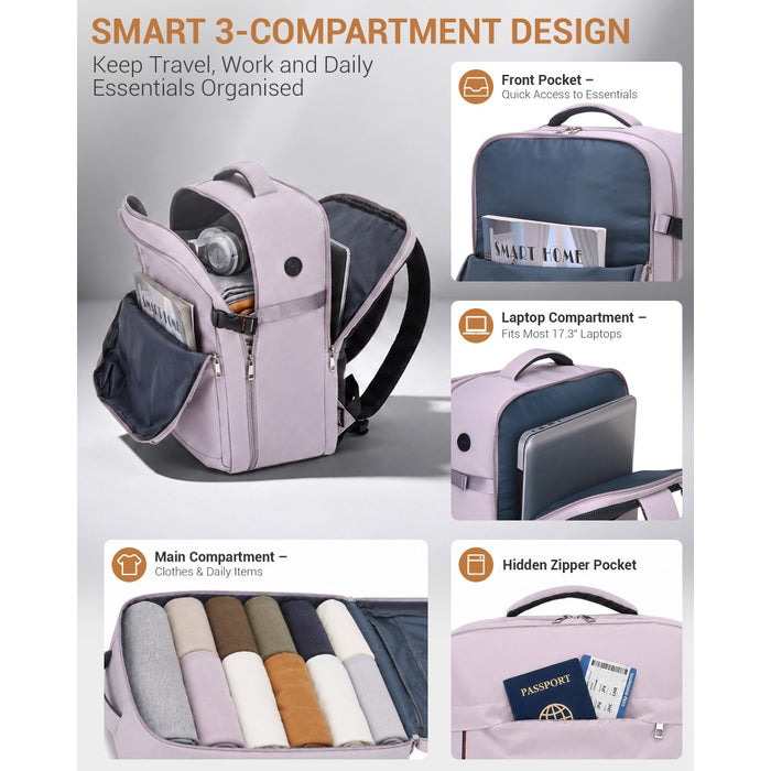 BPK2524L- Kono 32L Upgraded Large Cabin Backpack, 17.3 Inch Laptop Rucksack with Breathable Pressure-Relief Straps & Luggage Trolley Strap for Business Travel - Purple