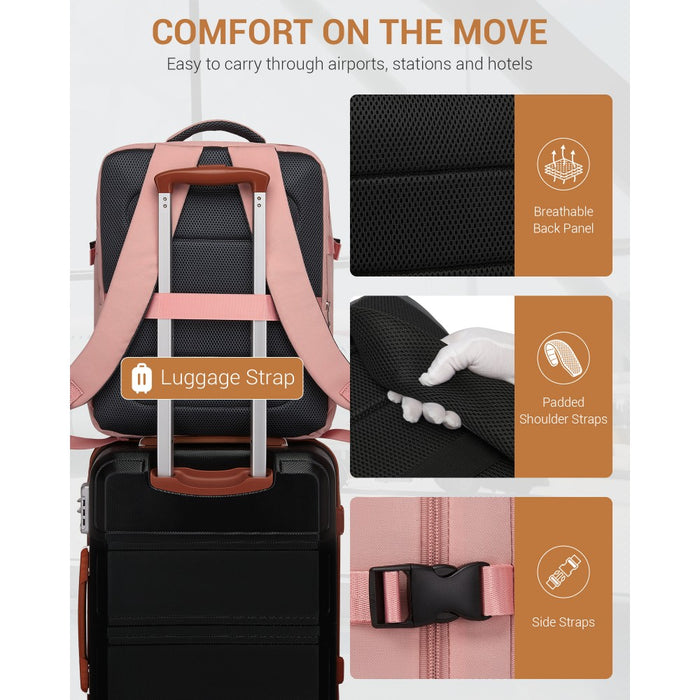 BPK2524L- Kono 32L Upgraded Large Cabin Backpack, 17.3 Inch Laptop Rucksack with Breathable Pressure-Relief Straps & Luggage Trolley Strap for Business Travel - Pink