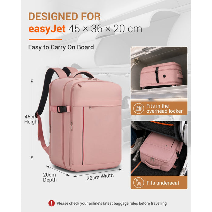 BPK2524L- Kono 32L Upgraded Large Cabin Backpack, 17.3 Inch Laptop Rucksack with Breathable Pressure-Relief Straps & Luggage Trolley Strap for Business Travel - Pink