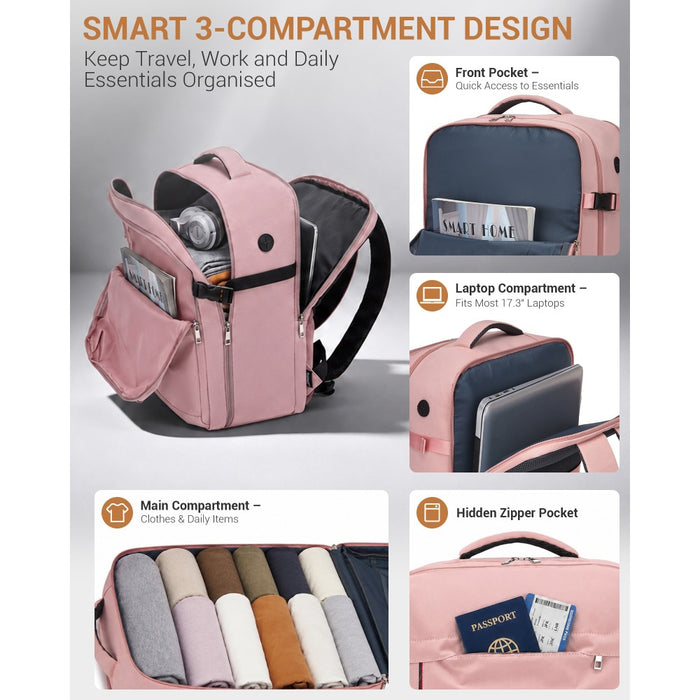 BPK2524L- Kono 32L Upgraded Large Cabin Backpack, 17.3 Inch Laptop Rucksack with Breathable Pressure-Relief Straps & Luggage Trolley Strap for Business Travel - Pink