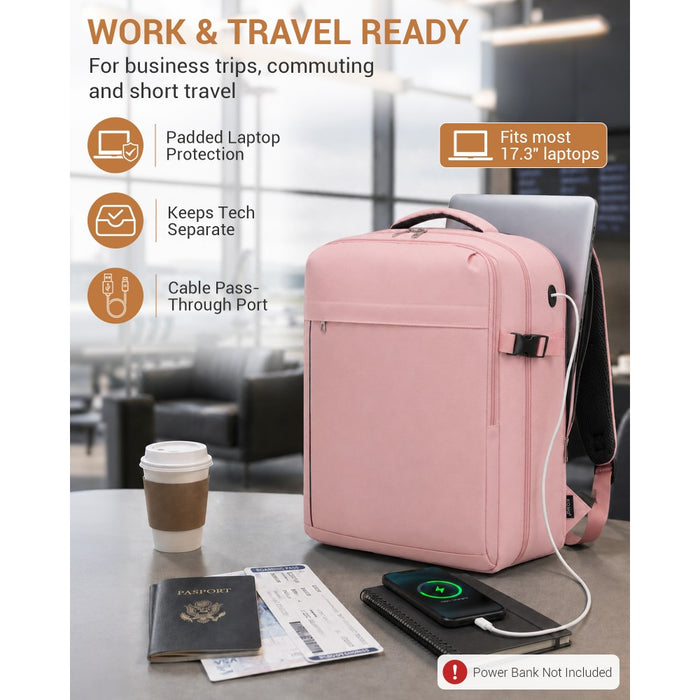 BPK2524L- Kono 32L Upgraded Large Cabin Backpack, 17.3 Inch Laptop Rucksack with Breathable Pressure-Relief Straps & Luggage Trolley Strap for Business Travel - Pink