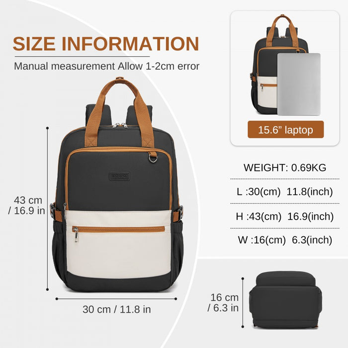 BPK2527 - Kono Functional Water-Resistant Laptop Backpack, Trendy Design with Padded Sleeve and Multiple Practical Compartments - Black and Beige