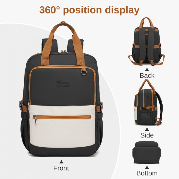 BPK2527 - Kono Functional Water-Resistant Laptop Backpack, Trendy Design with Padded Sleeve and Multiple Practical Compartments - Black and Beige